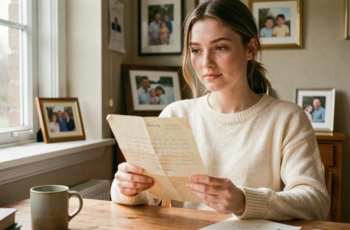Jeune femme tenant une lettre manuscrite en souvenir de son père décédé, assise à un bureau en bois dans un intérieur chaleureux