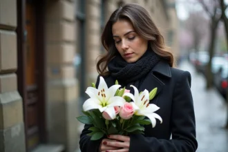 Femme arrangeant des lys et roses blanches en extérieur