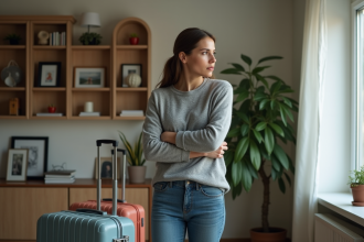 Femme pensant devant ses valises dans un salon moderne