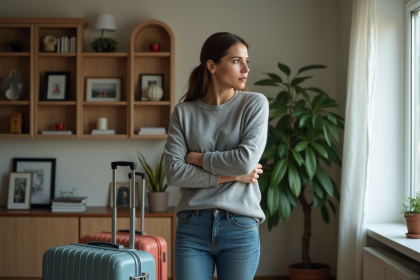 Femme pensant devant ses valises dans un salon moderne