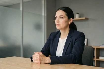 Femme professionnelle assise à un bureau minimaliste, regard pensif et posture réservée illustrant la protection de la vie privée