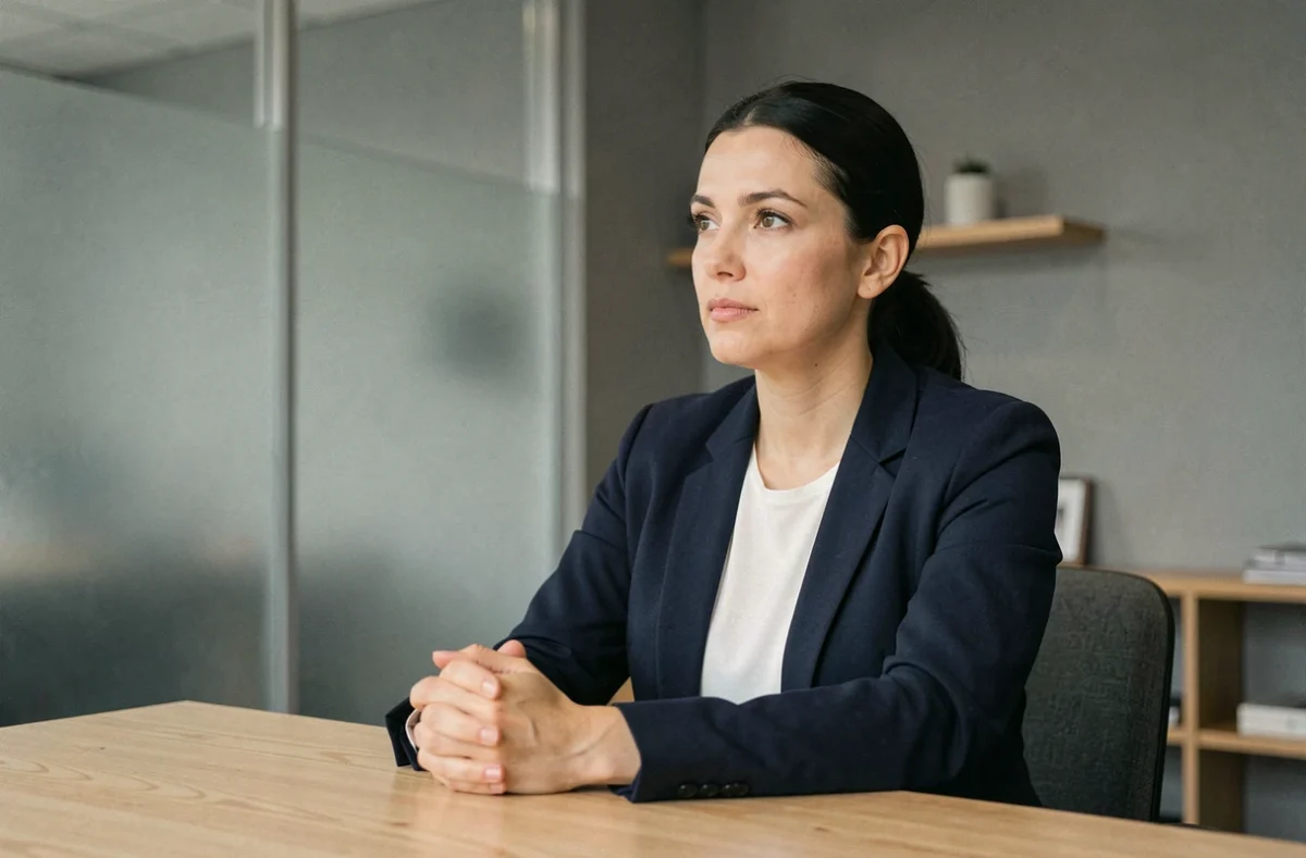 Femme professionnelle assise à un bureau minimaliste, regard pensif et posture réservée illustrant la protection de la vie privée