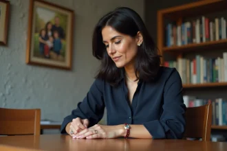 Femme réfléchissant à une bague dans un intérieur chaleureux