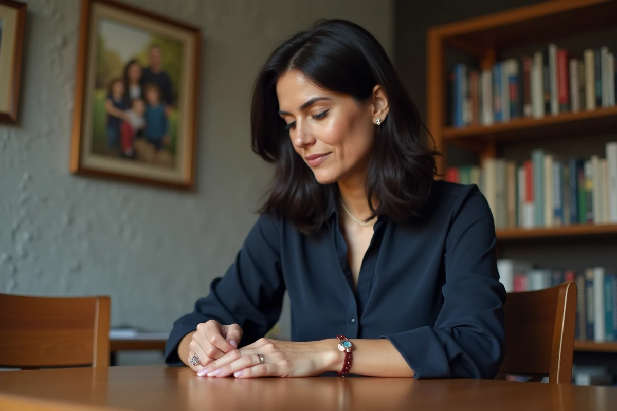 Femme réfléchissant à une bague dans un intérieur chaleureux