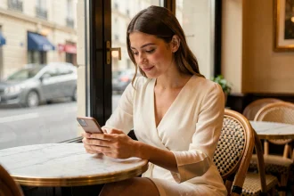Jeune femme élégante dans un café parisien consultant son smartphone, illustrant les spéculations sur les réseaux sociaux