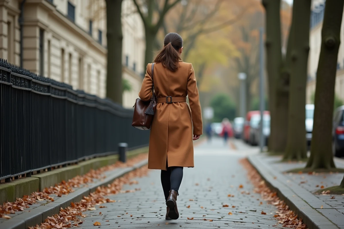 Femme marchant dans une rue parisienne haussmannienne en automne, illustrant l'anonymat et la discrétion de la vie privée
