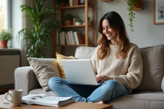 Femme souriante dans un salon cosy avec ordinateur portable