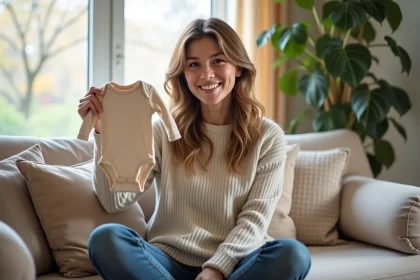 Femme souriante tenant un v&ecirc;tement pour b&eacute;b&eacute; dans un salon lumineux