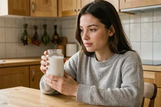 Jeune femme tenant un bocal de sel blanc dans une cuisine moderne, illustrant le test du sel pour déterminer le sexe du bébé