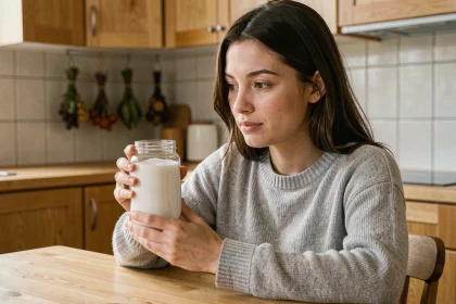 Jeune femme tenant un bocal de sel blanc dans une cuisine moderne, illustrant le test du sel pour déterminer le sexe du bébé