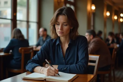 Femme seule dans un café parisien consultant ses notes dans un journal, illustrant la vie privée et la discrétion