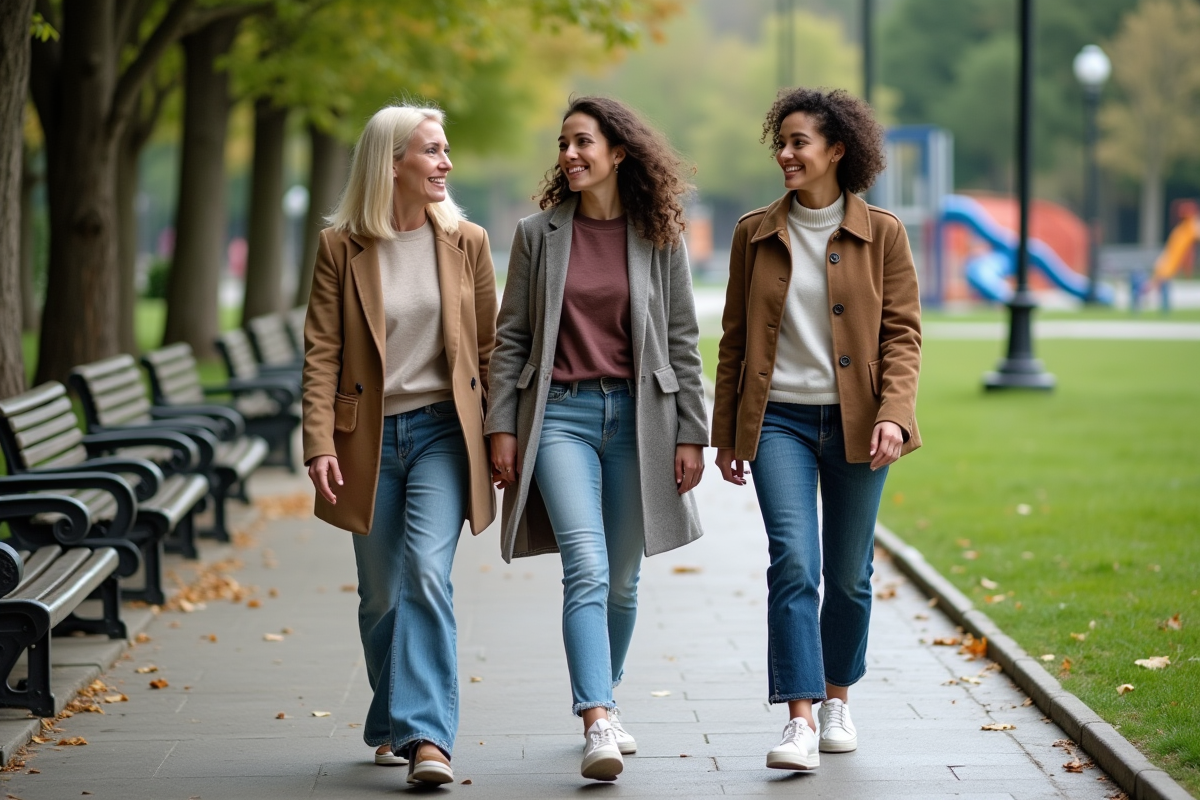 Trois femmes discutant en marchant dans un parc urbain