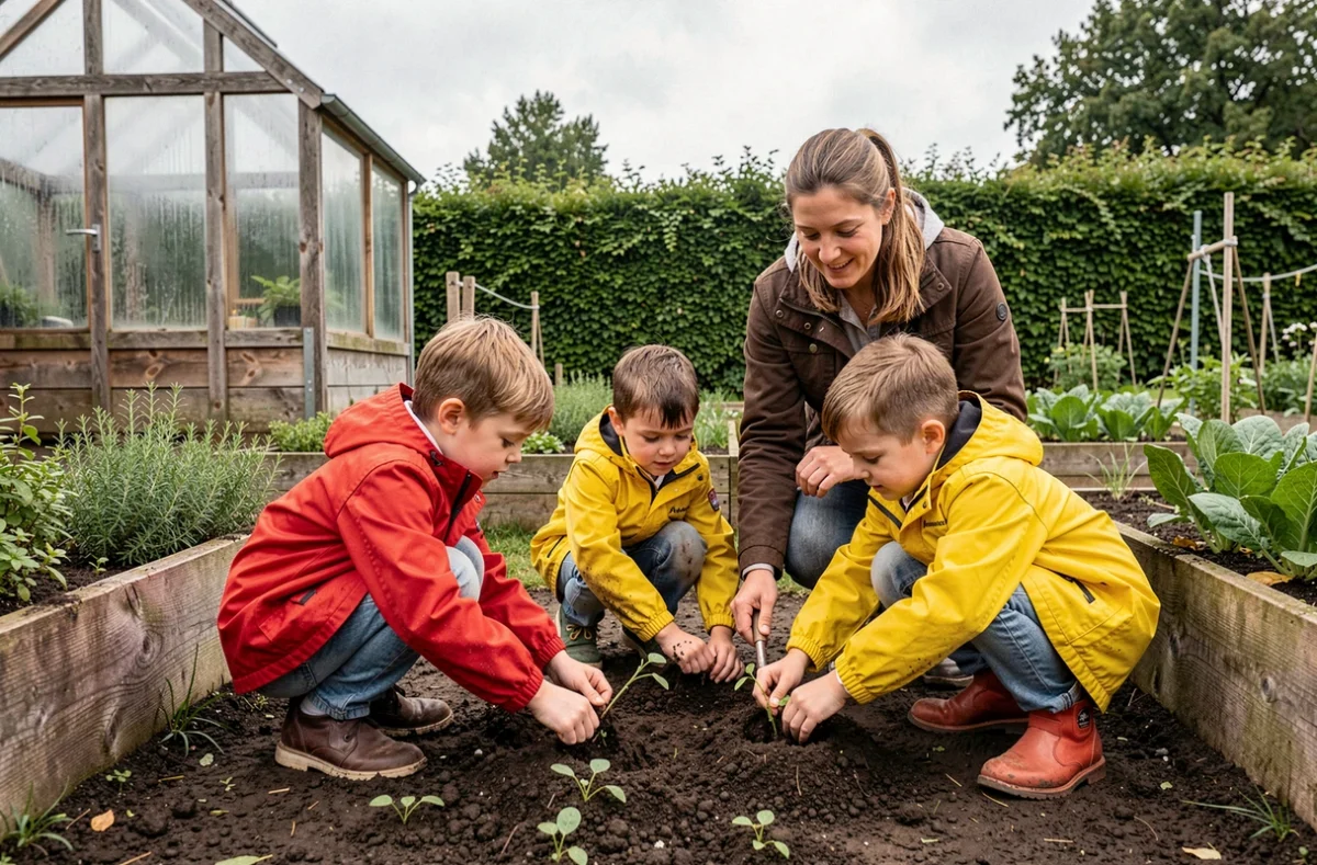 Des enfants apprennent à planter des légumes avec une fermière à la Ferme pédagogique de Prunay en Loir-et-Cher
