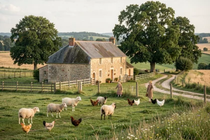 Vue panoramique d'une ferme pédagogique typique en Centre-Val de Loire avec prairie, animaux et bâtiment en pierre