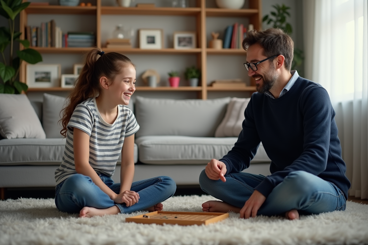 Fille adolescente et père jouant à un jeu de société dans le salon