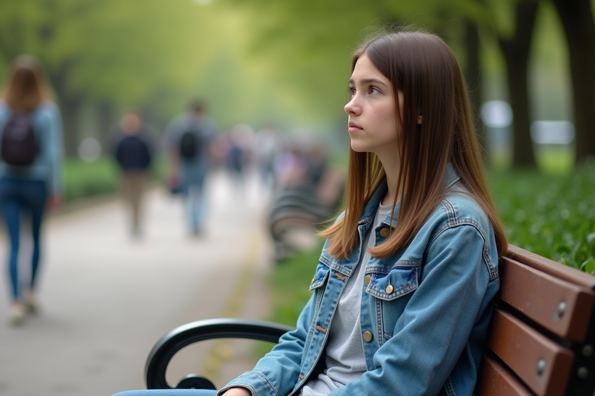 Adolescente assise sur un banc dans un parc en réflexion