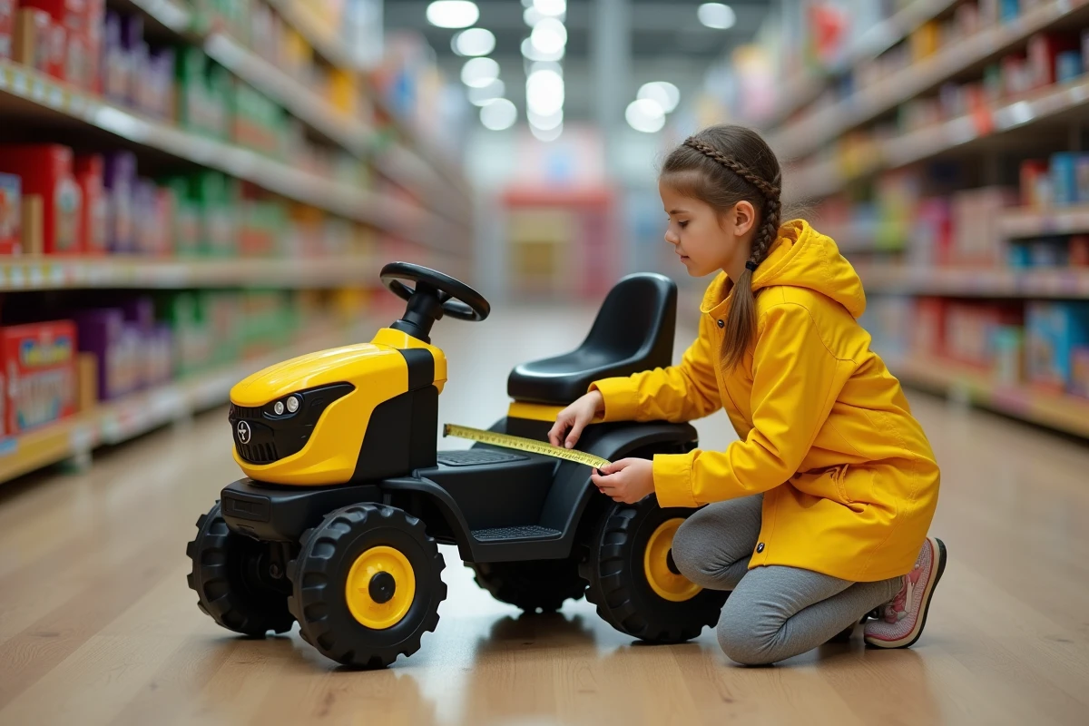 Fille de huit ans examine un tracteur électrique en magasin
