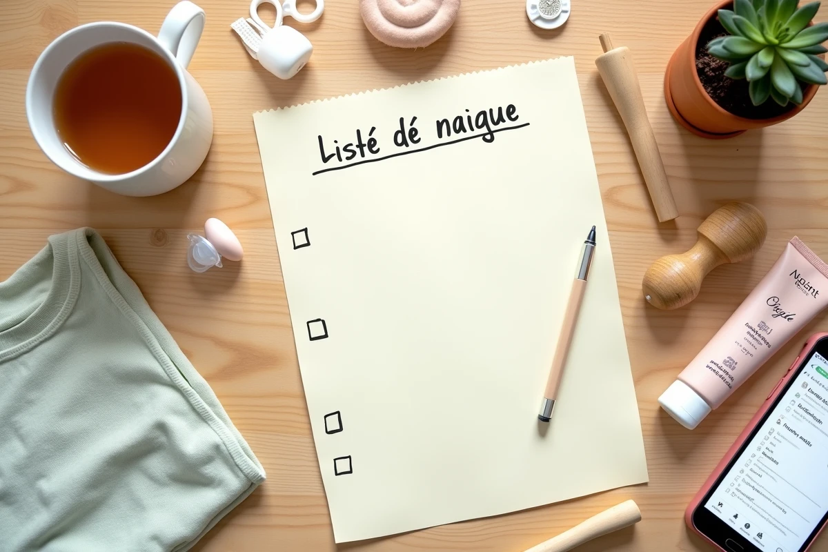 Flatlay de liste de naissance manuscrite entourée d'essentiels bébé pour le premier trimestre de grossesse, photographiée en vue du dessus