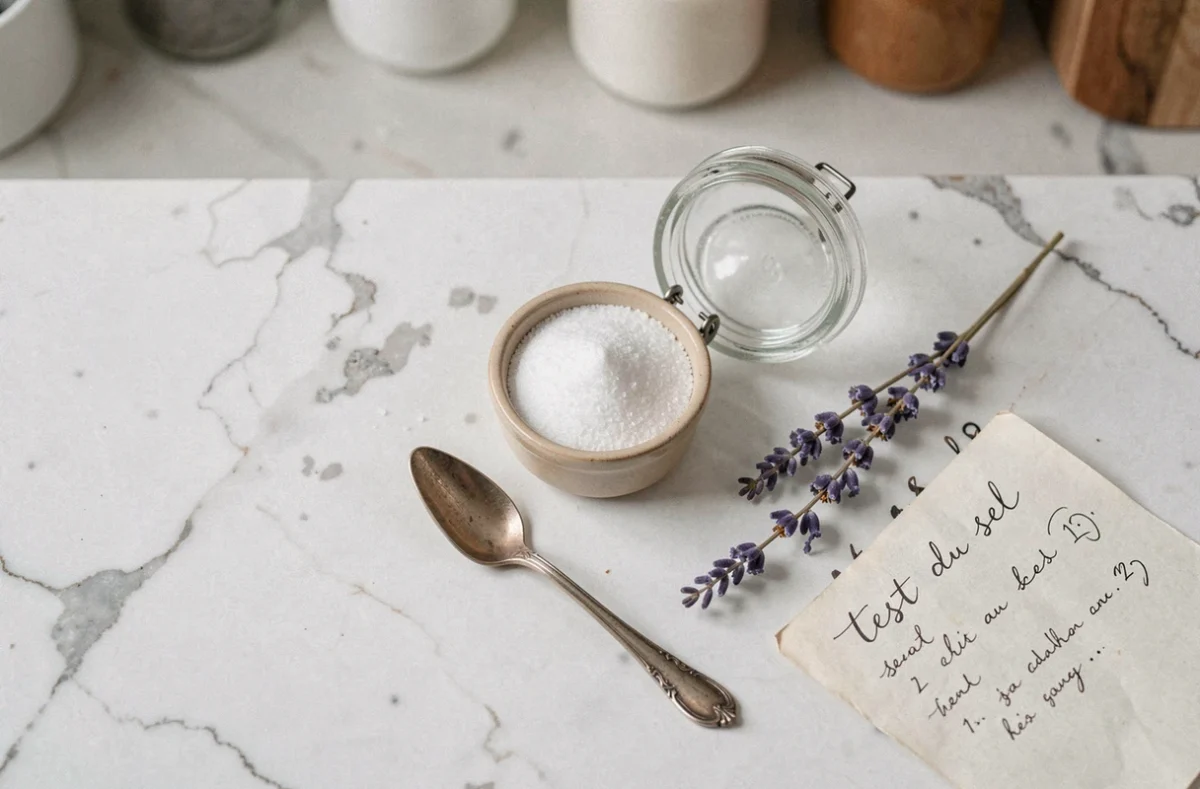 Vue du dessus d'un ramekin de sel, d'une cuillère vintage et d'une fiche manuscrite évoquant le test du sel pour prédire le sexe du bébé