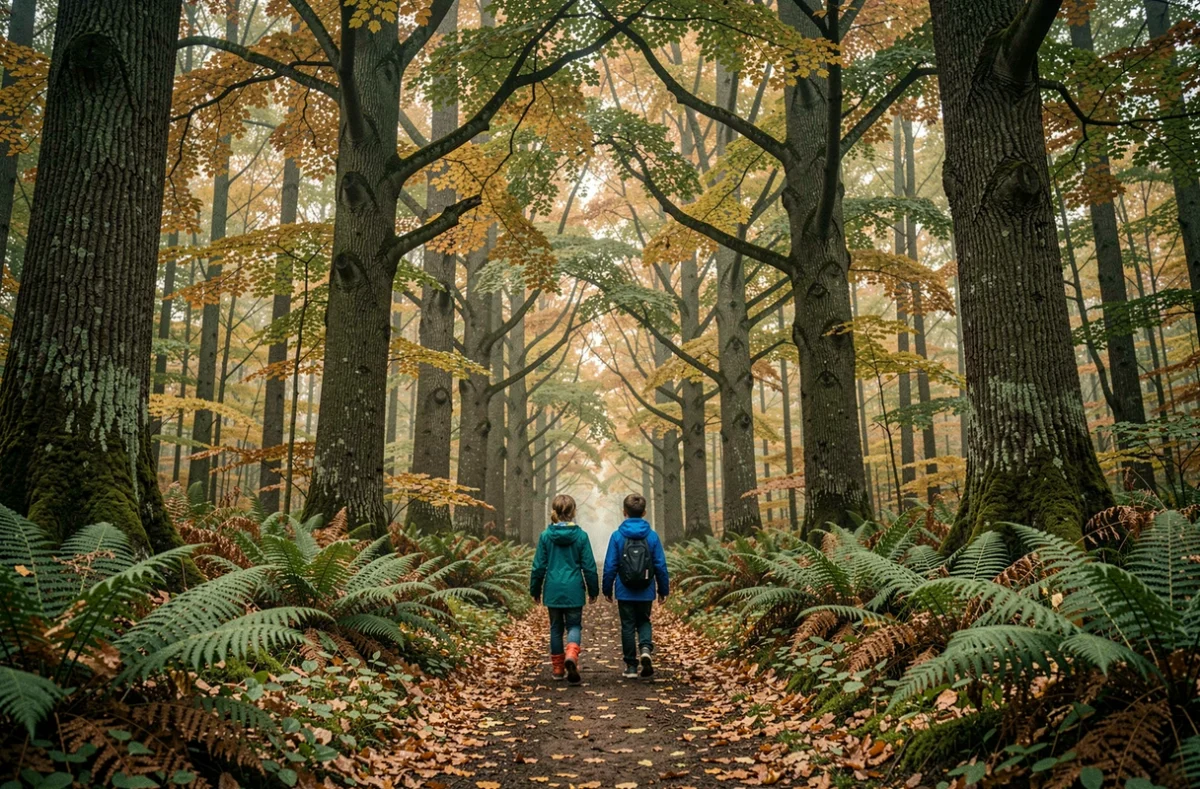 Deux enfants randonnant sur un sentier forestier sous les grands arbres de la Forêt de Montmorency en automne