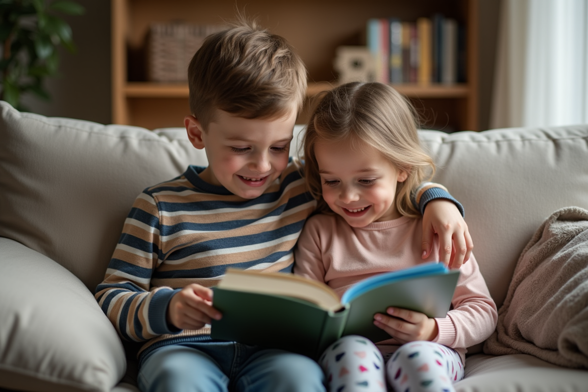 Freres lisant un livre dans le salon familial