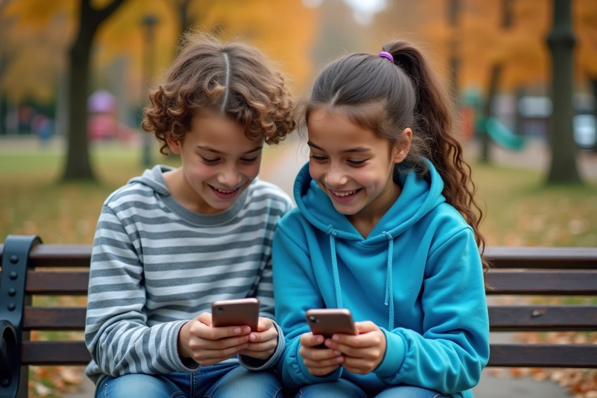 Adolescents assis sur un banc de parc regardant leurs téléphones