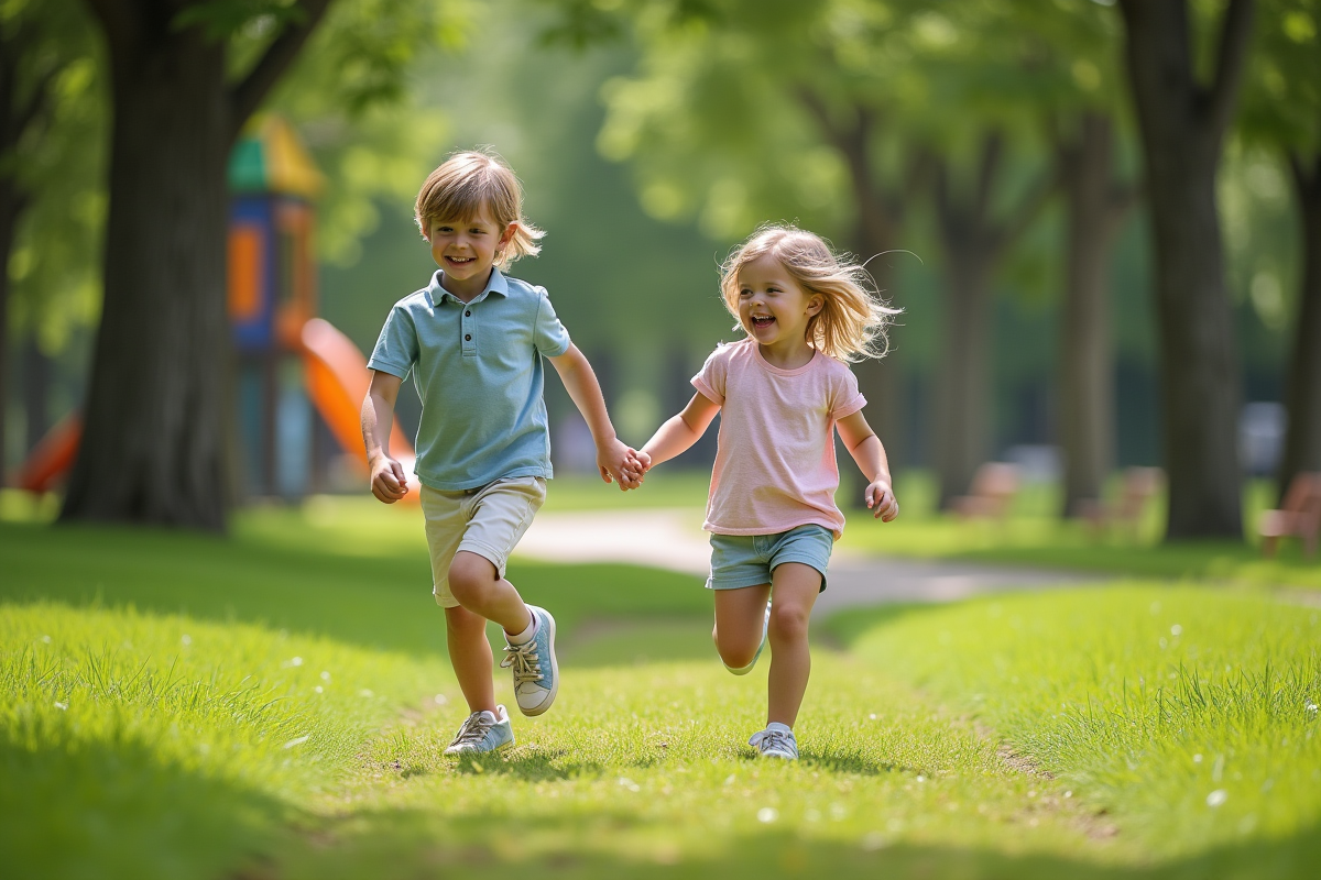 Deux enfants courant dans un parc verdoyant