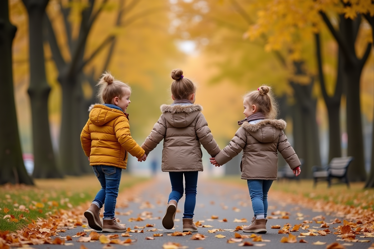 Trois frères et sœurs marchant dans un parc en automne