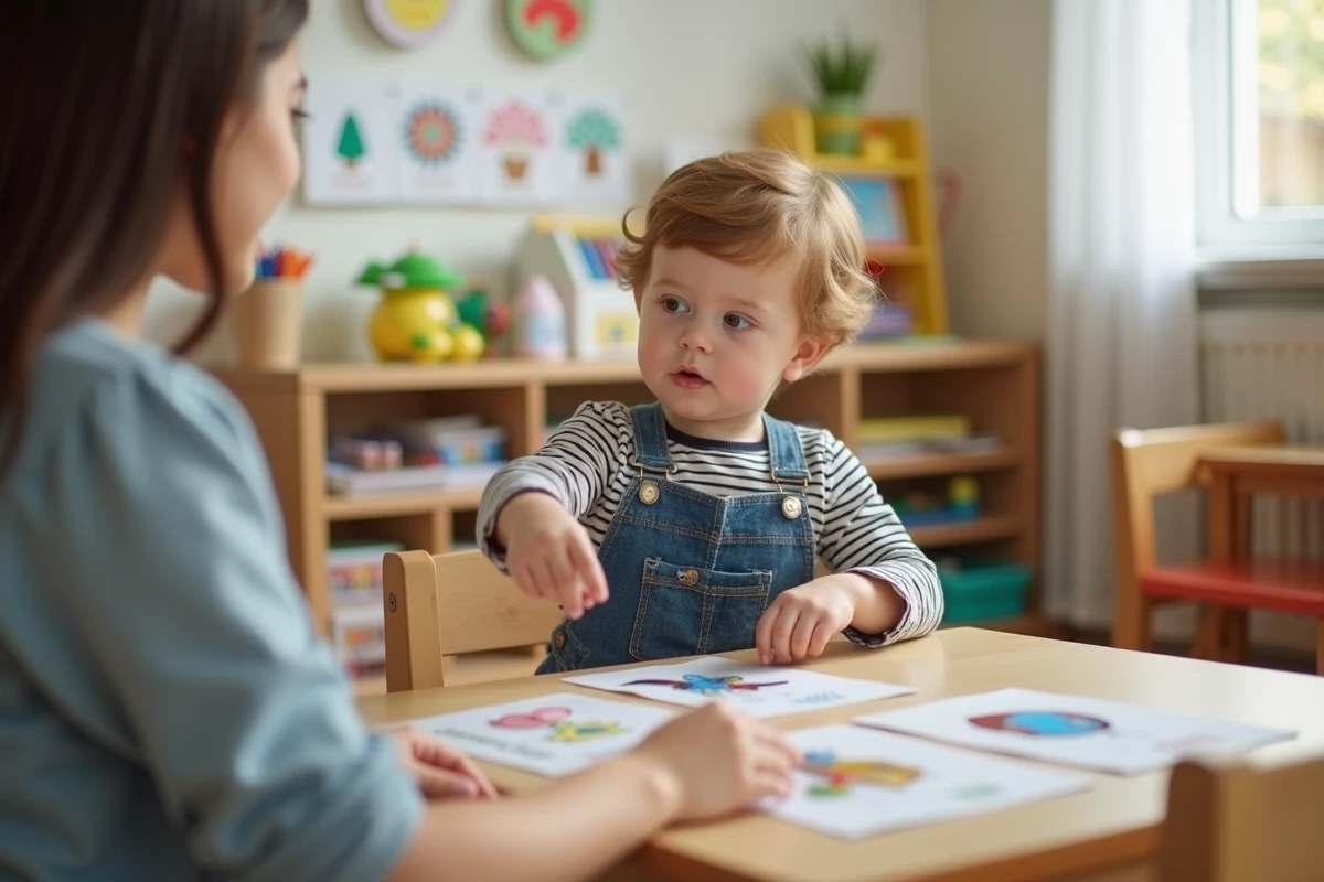 Jeune garçon pointant des cartes dans une classe d