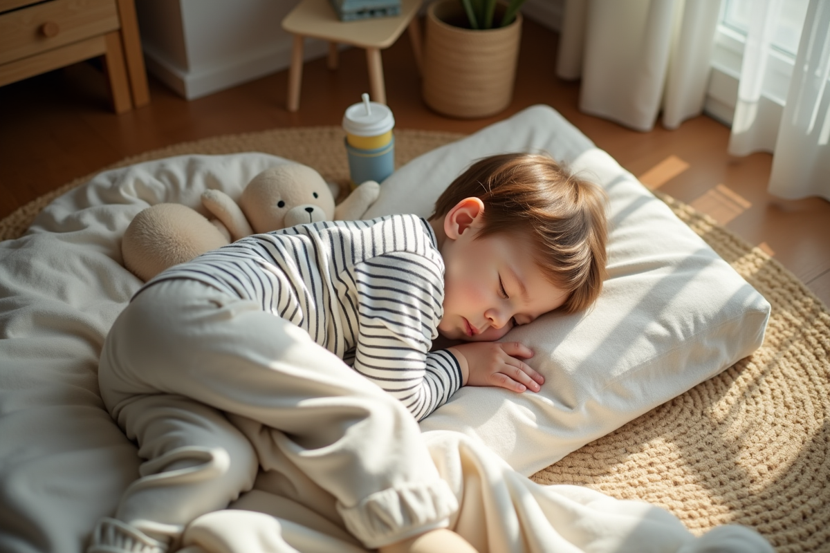 Garçon endormi sur un matelas entouré de peluches