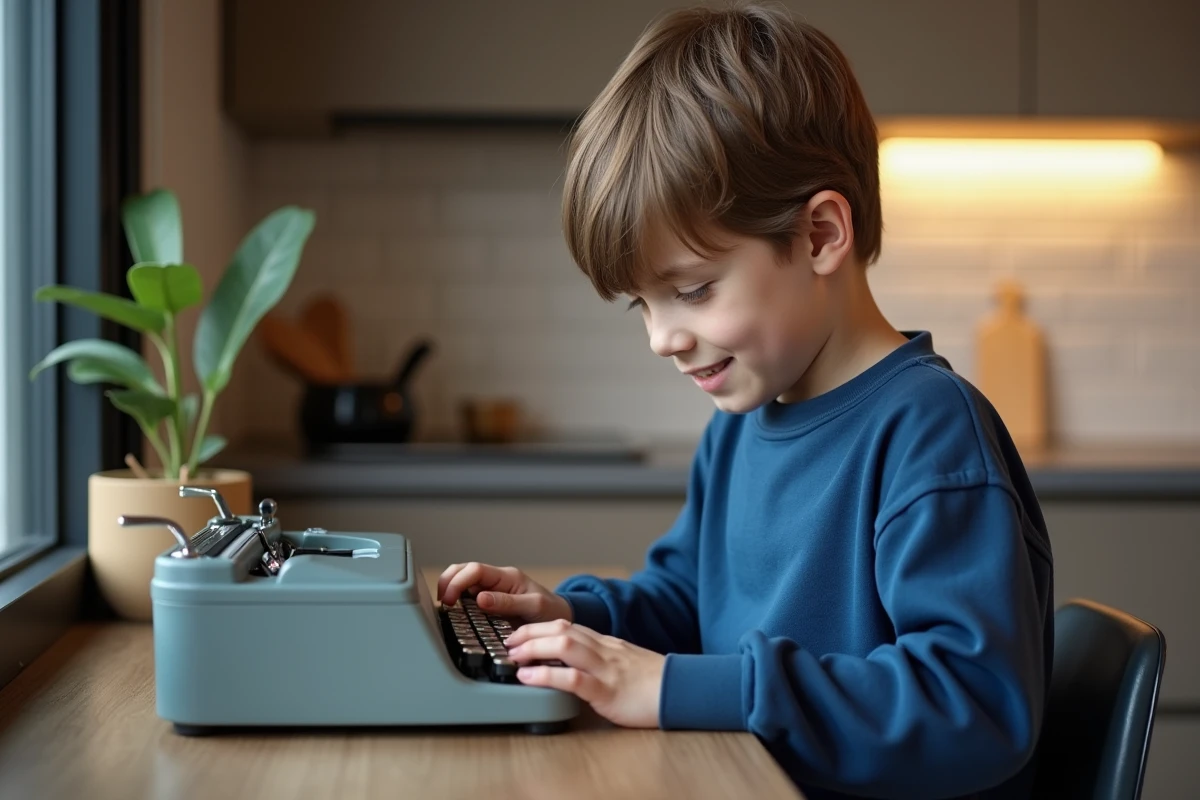 Garçon de 10 ans utilisant une machine à écrire moderne dans la cuisine