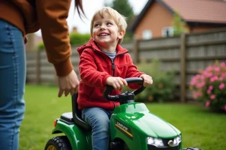 Gar&ccedil;on de six ans sur un tracteur &eacute;lectrique vert en ext&eacute;rieur
