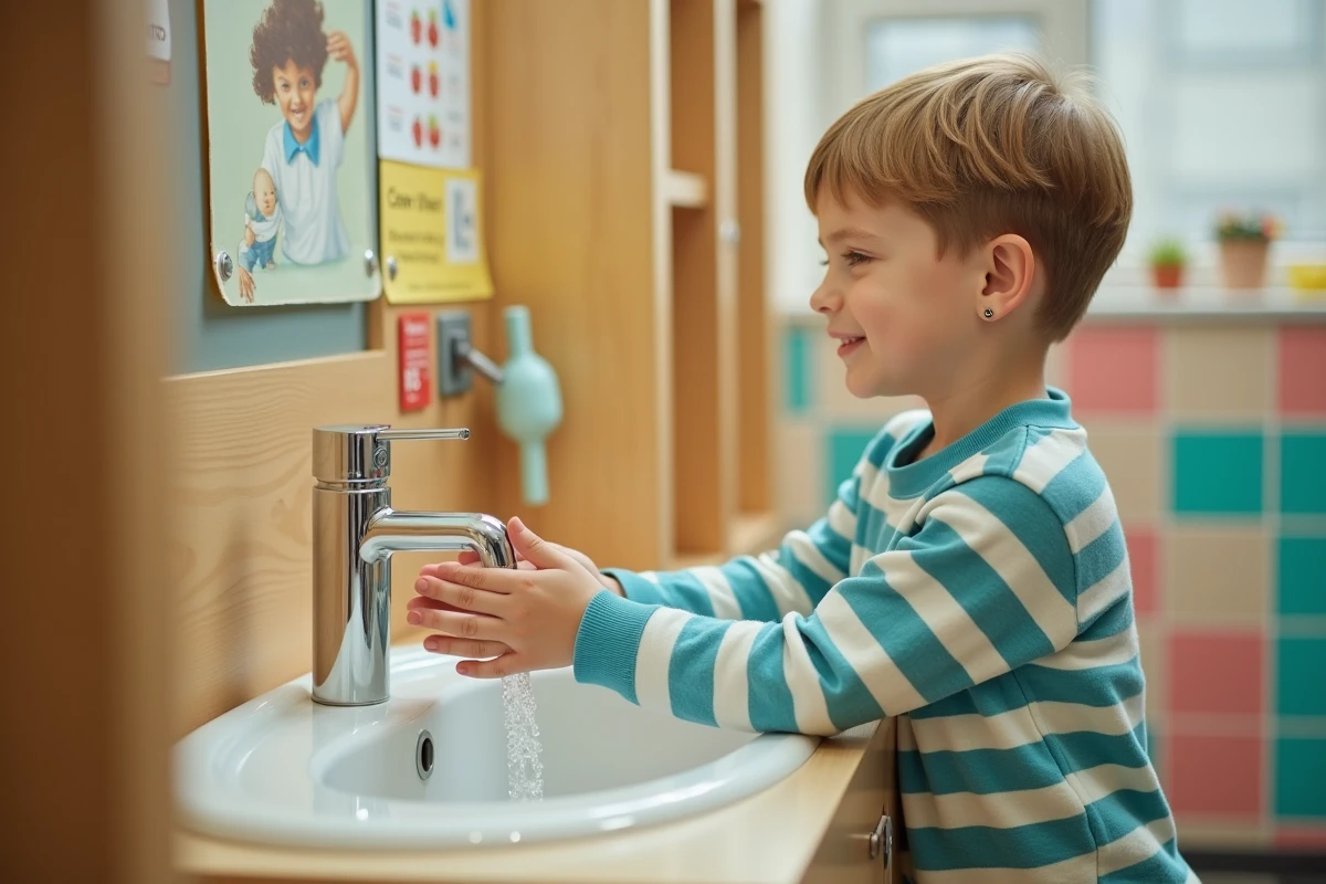 Jeune garçon lavant ses mains dans un lavabo coloré