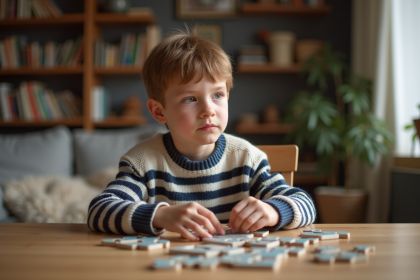 Garçon de 10 ans jouant au puzzle dans un salon chaleureux