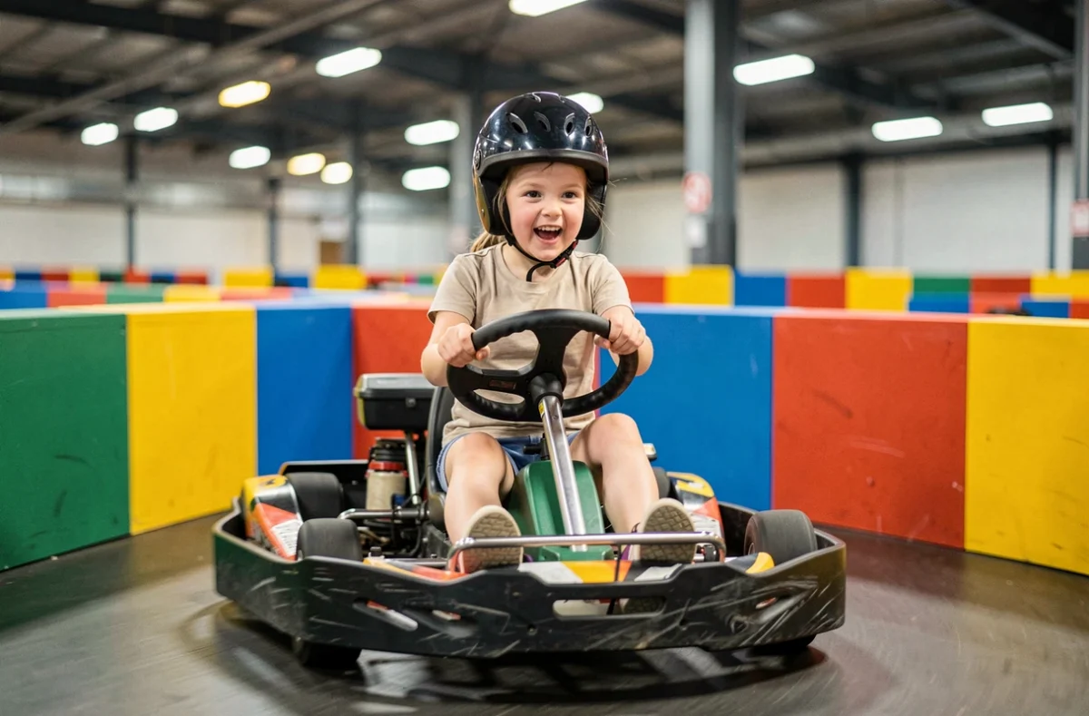 Une enfant pilotant un kart électrique sur le circuit coloré du Go Park dans le Val-d'Oise