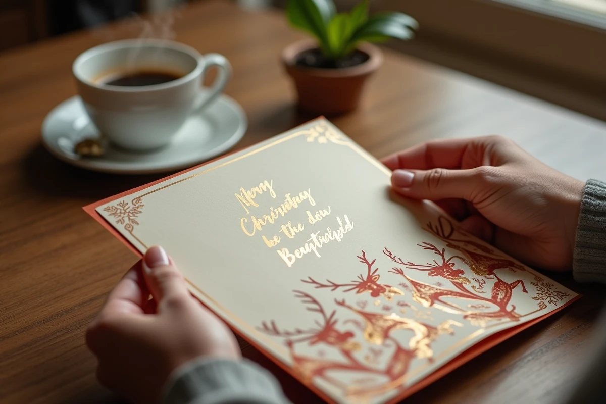 Gros plan de mains tenant une carte de Noël pliée ouverte avec message manuscrit et impression de qualité boutique