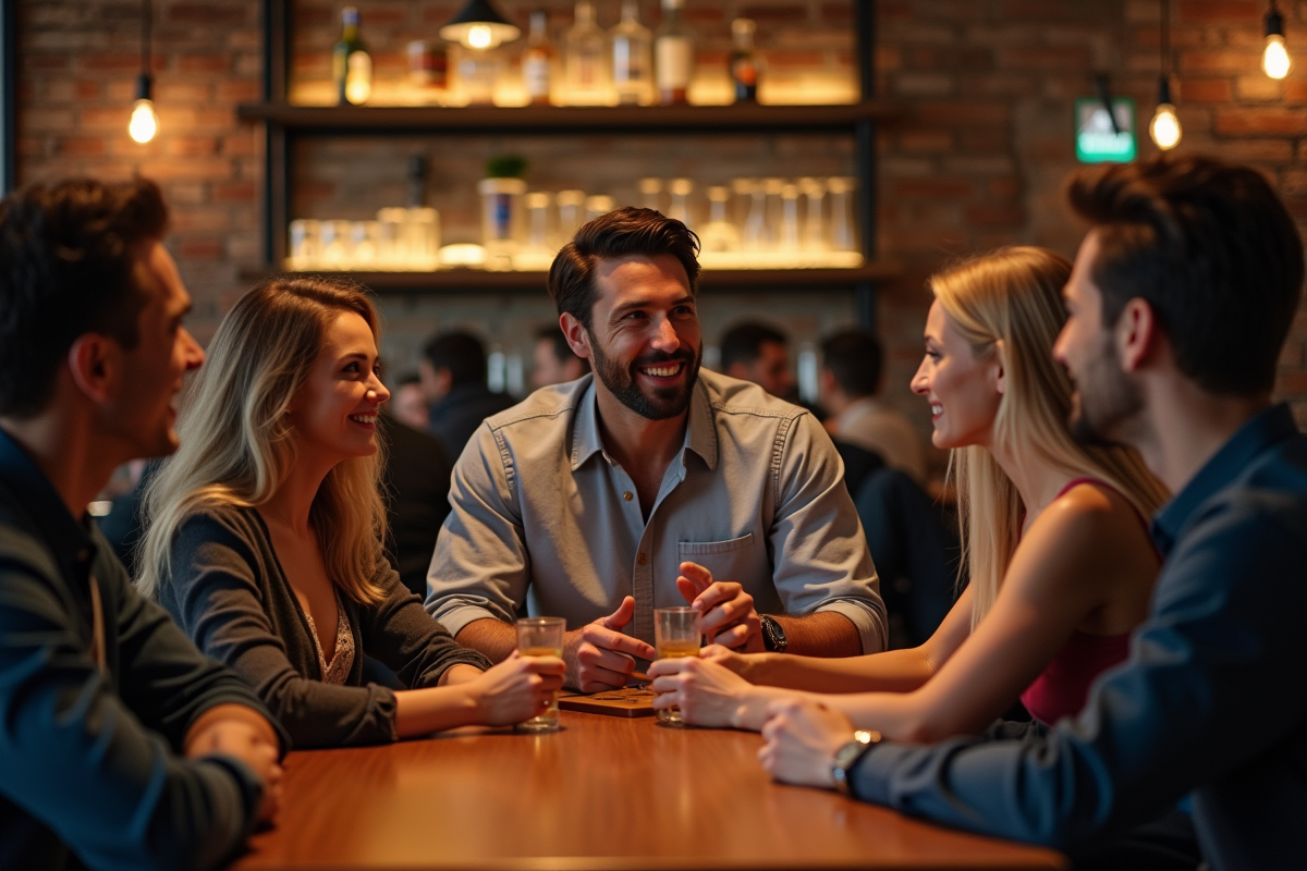Groupe d amis discutant dans un lounge bar moderne