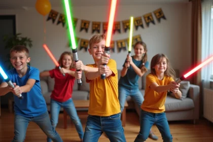 Enfants souriants jouant avec des lightsabers lors d'une f&ecirc;te d'anniversaire