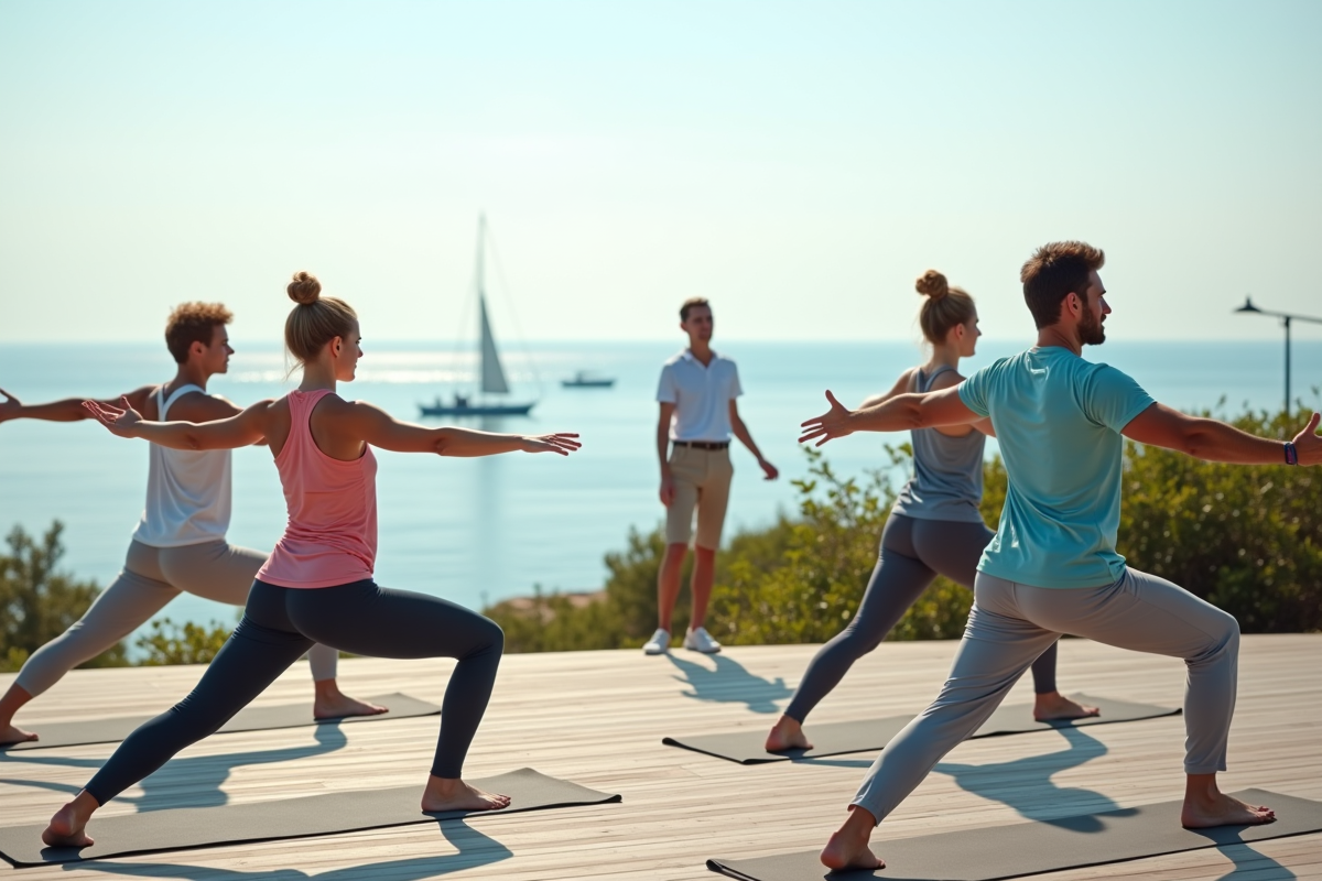 Jeunes adultes pratiquant le yoga en extérieur face à la mer