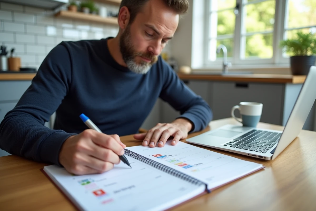 Homme planifiant son agenda avec un calendrier à semaines paires et impaires sur une table de cuisine