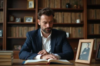 Homme pensif dans un bureau entouré de photos de famille et de livres, évoquant une réflexion sur son histoire familiale et sa biographie