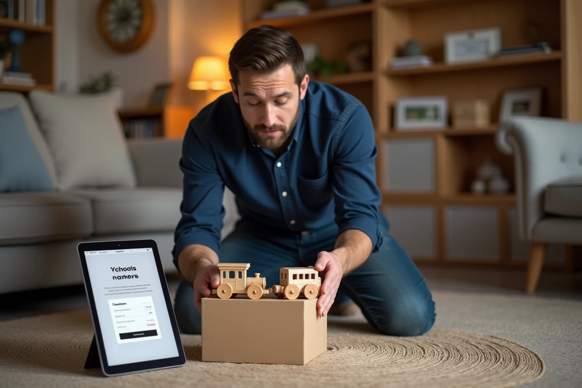 Homme emballant un jouet en bois comme cadeau après avoir utilisé un code promo sur une boutique en ligne