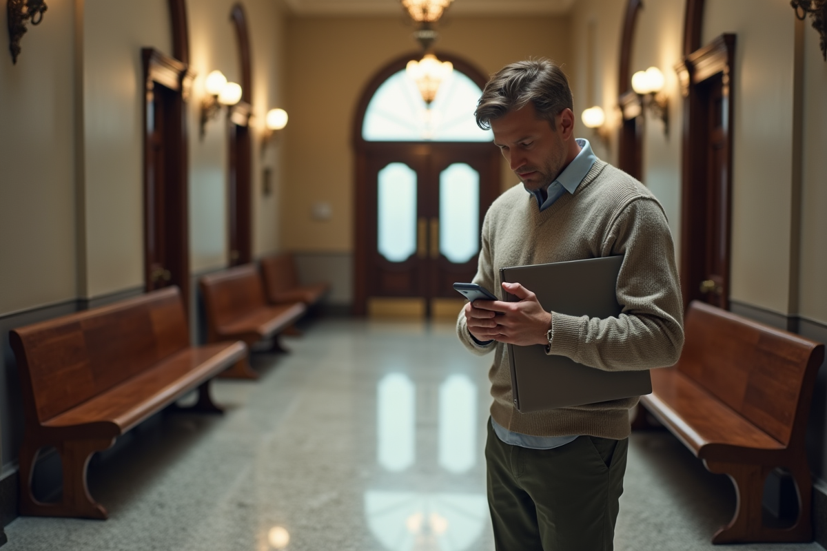 Homme dans un couloir de tribunal vérifiant son smartphone