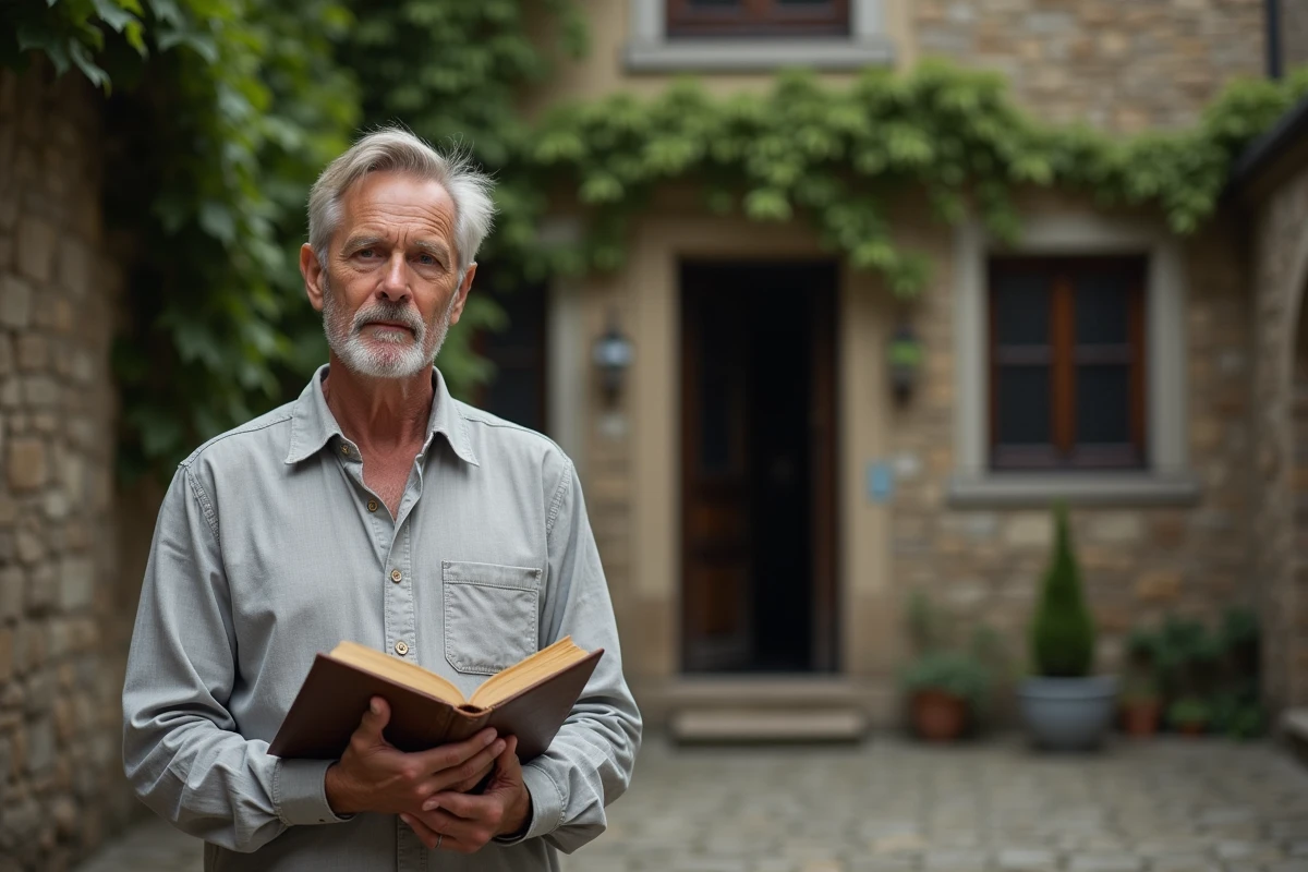 Homme tenant un journal ancien devant un bâtiment historique en pierre, symbolisant la recherche des origines familiales et la transmission générationnelle