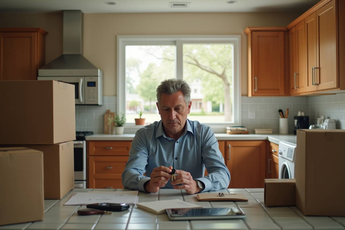 Homme avec clés de maison dans une cuisine lumineuse