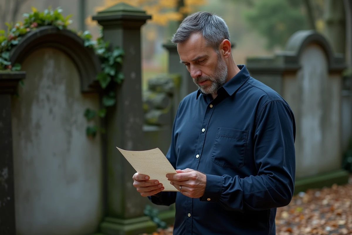 Homme tenant une lettre manuscrite devant une tombe en pierre dans un cimetière historique, en hommage à une tante décédée
