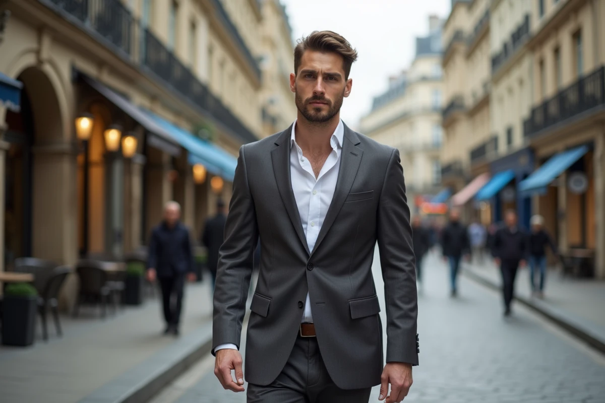 Homme élégant marchant dans une rue parisienne