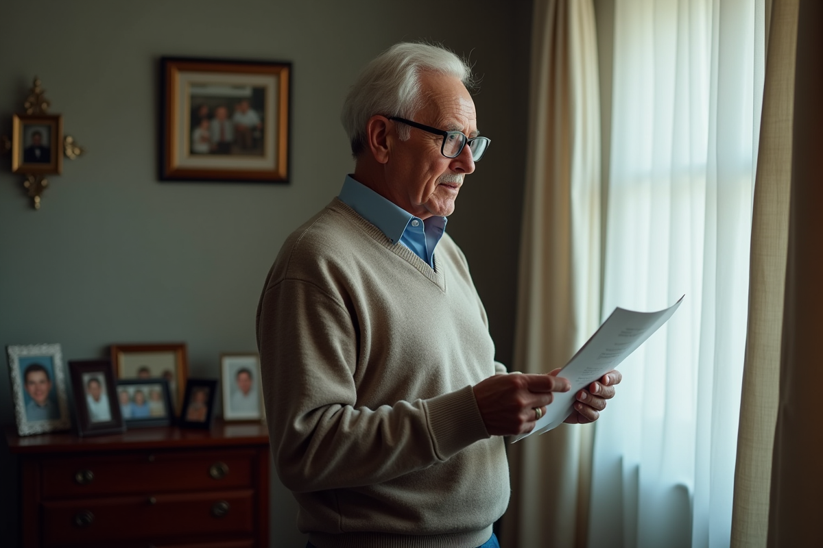 Homme âgé tenant une lettre juridique dans un salon