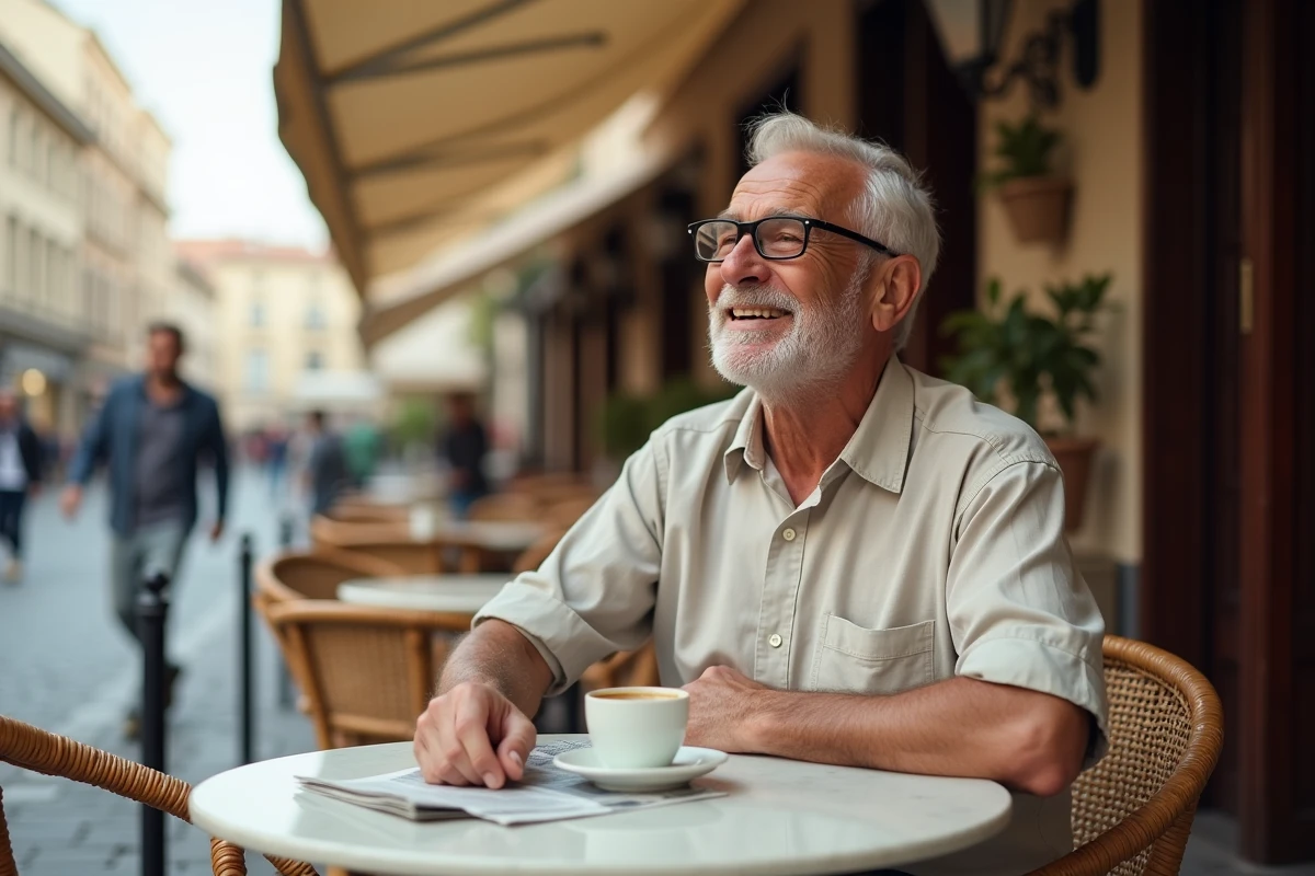 Homme senior aux lunettes de lecture attablé à une terrasse de café parisien avec un espresso, contexte d'article sur le compagnon de Roselyne Bachelot