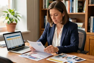 Indépendante comparant des formules d'abonnement magazine business pour TPE dans son bureau à domicile